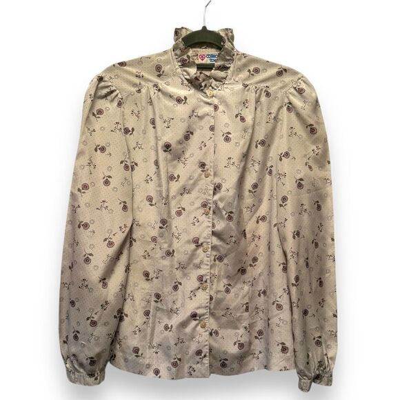 Vintage College Town Beige Floral Ruffled Button Down Shirt - Picture 1 of 6
